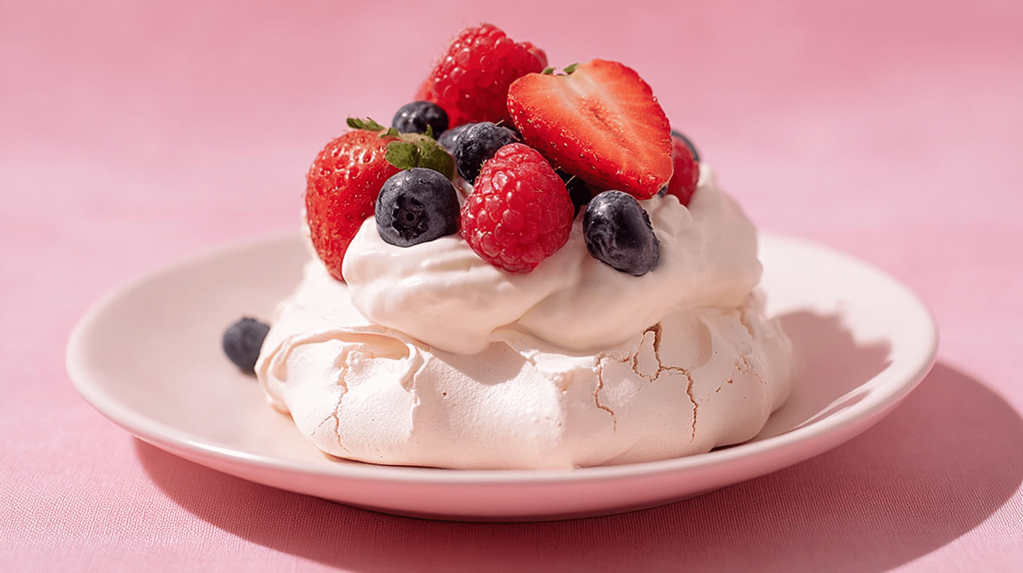 Air fryer mini pavlova topped with whipped cream and fresh berries on pink background