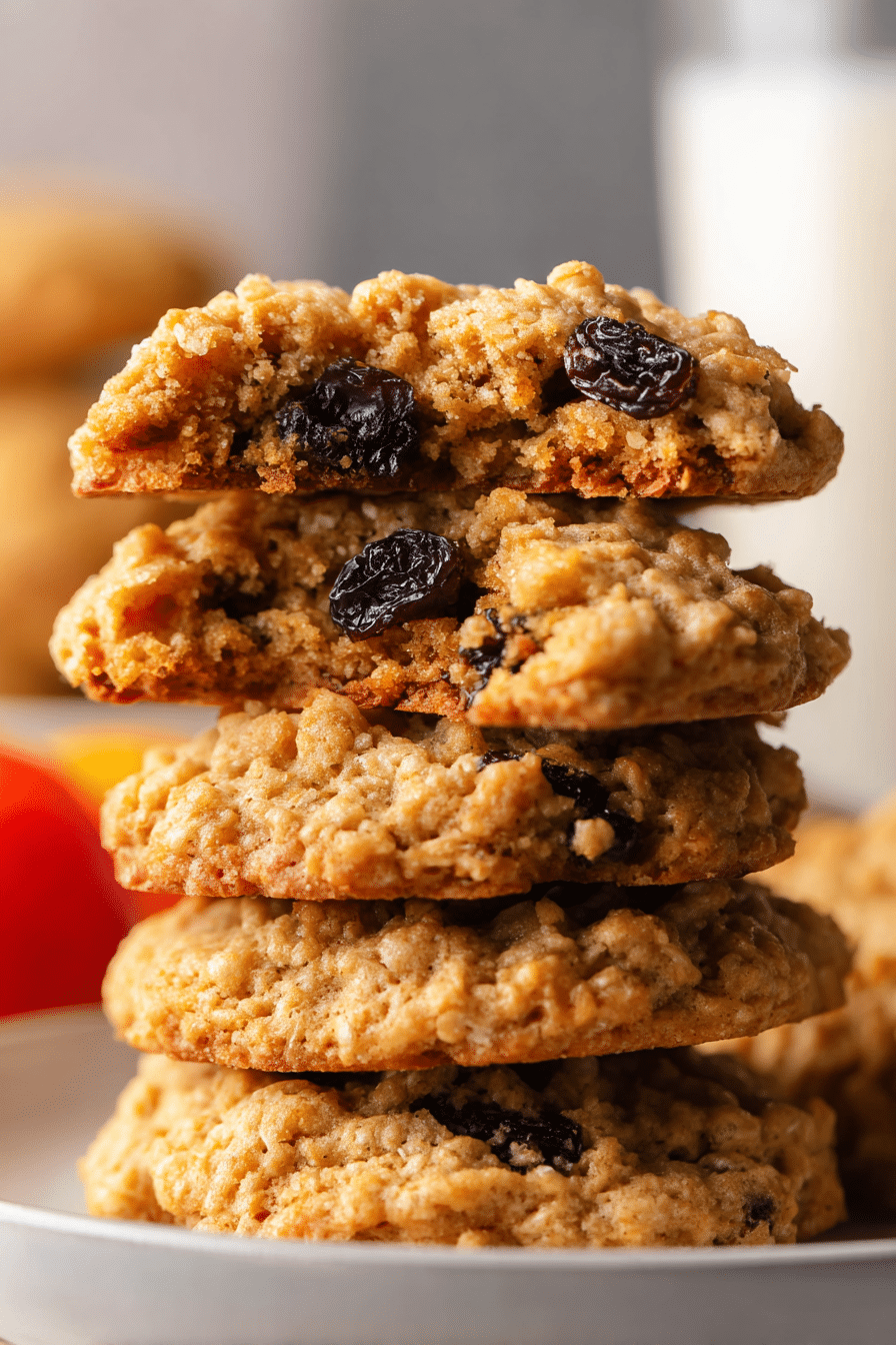 Stack of air fryer oatmeal raisin cookies with raisins inside