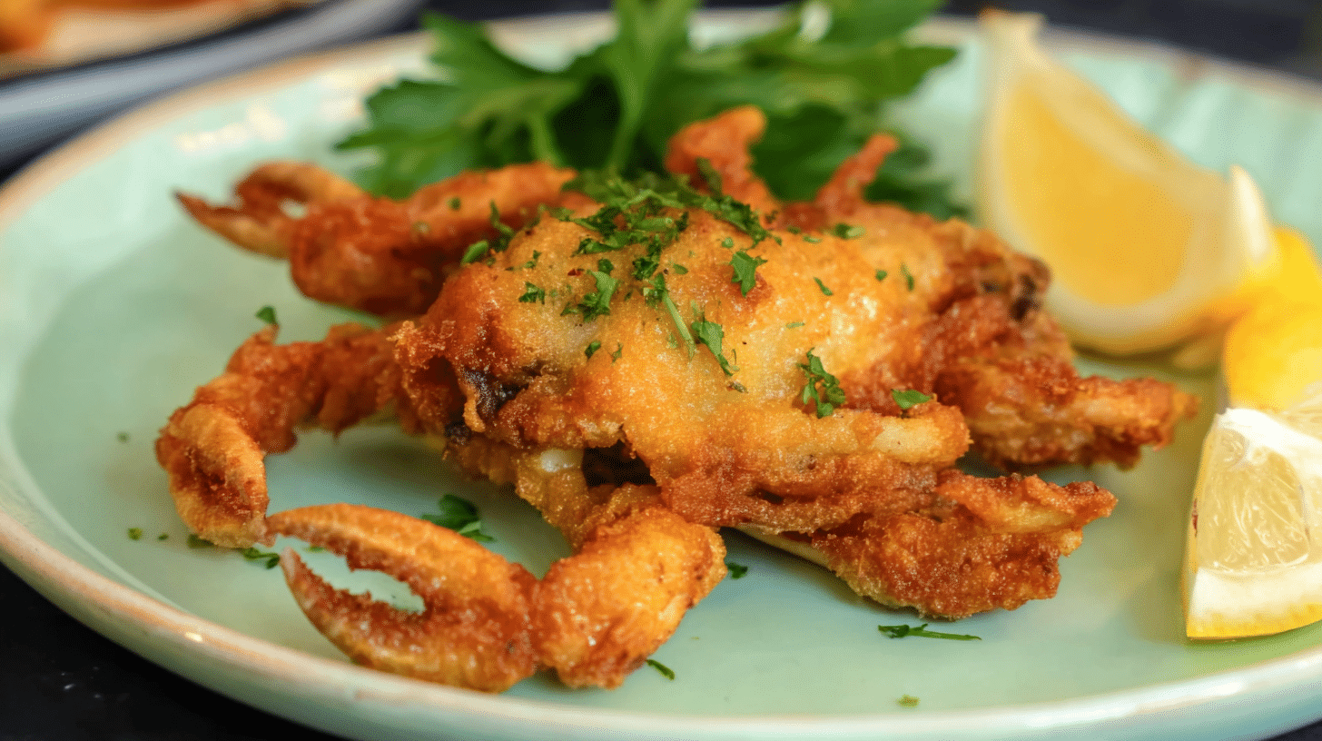 Air fryer soft shell crab served with lemon wedges on a green plate