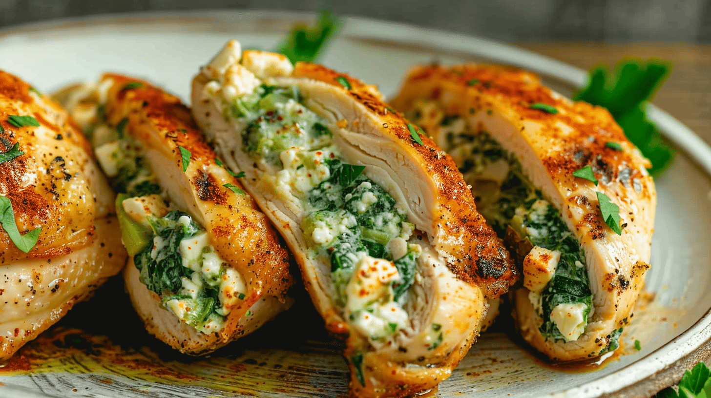 air fryer stuffed chicken breast with creamy spinach and cheese filling