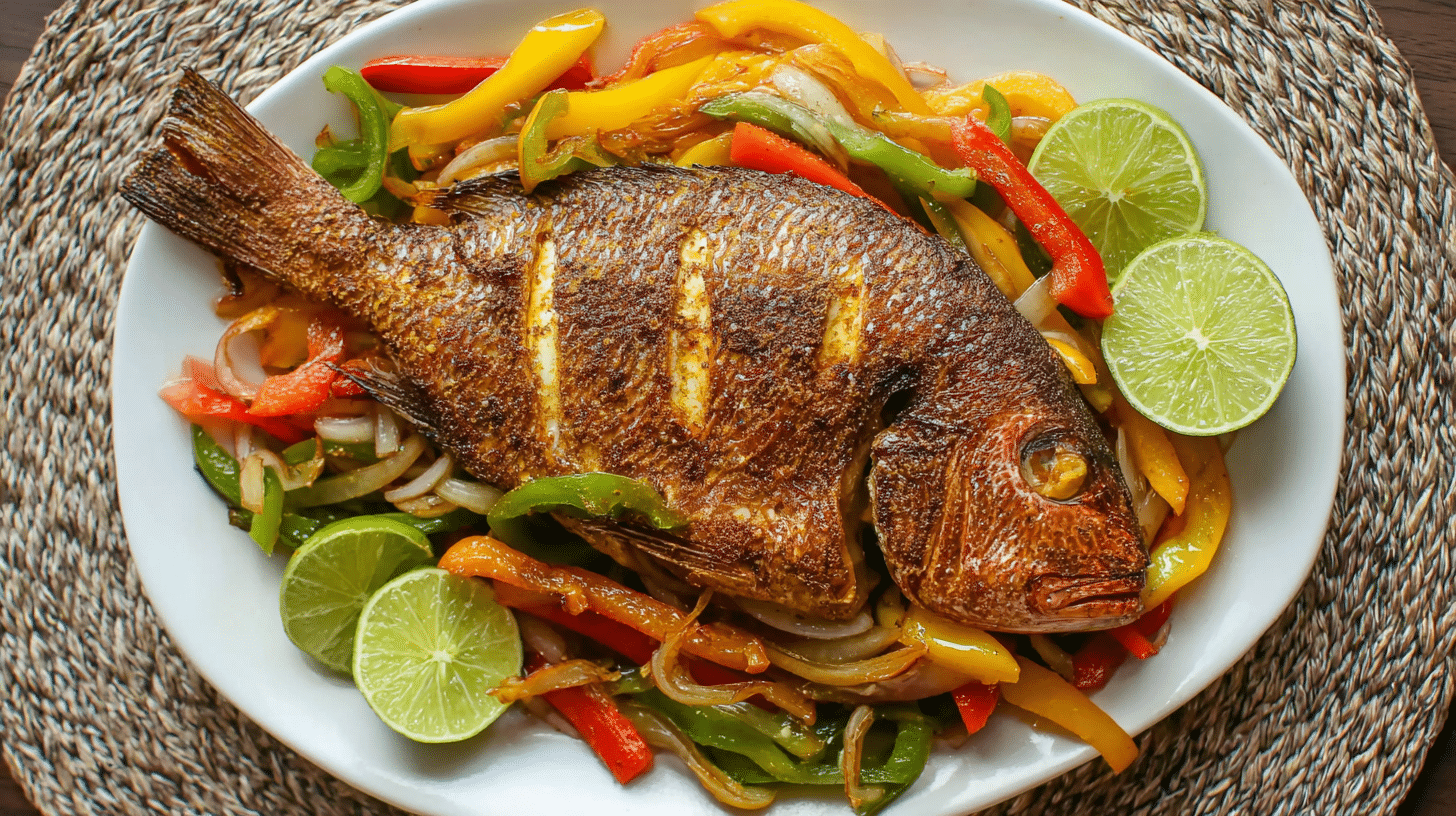 Air fryer whole snapper with crispy skin served with colorful sautéed vegetables and lime