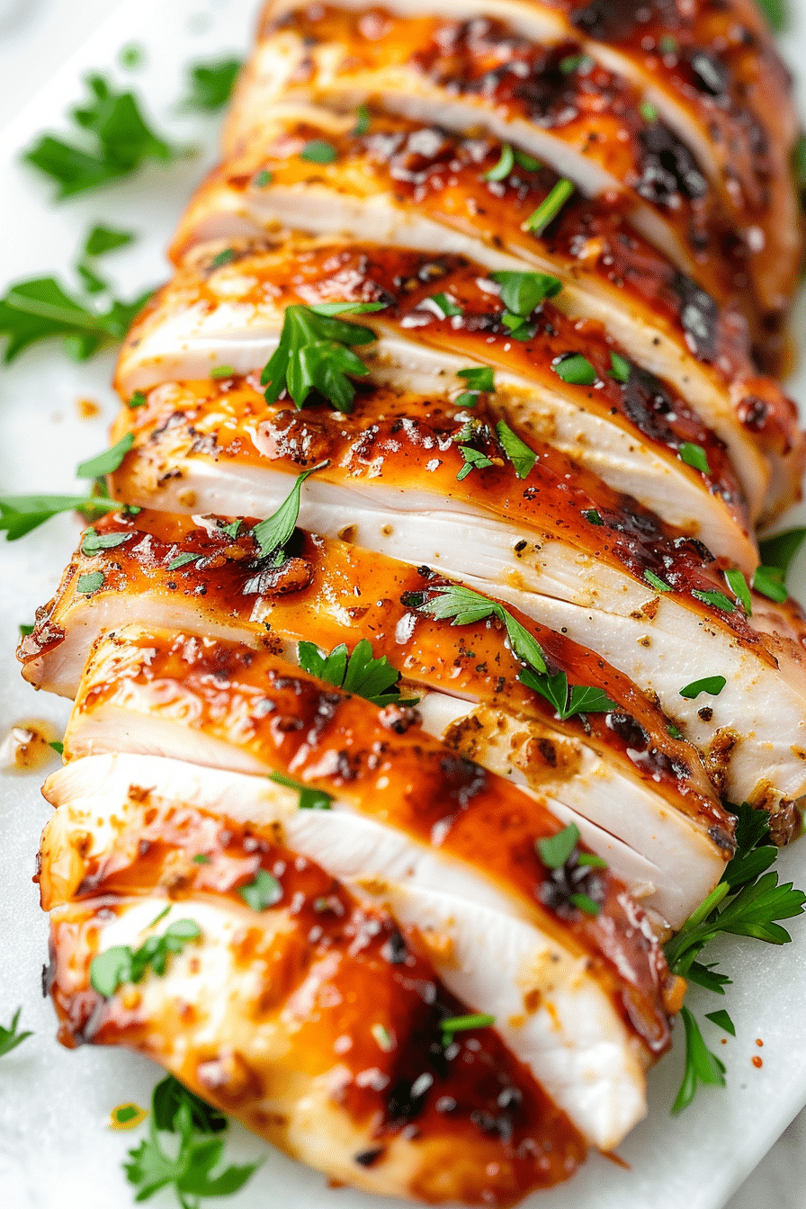Balsamic Glazed Air Fryer Chicken breast sliced and garnished with parsley