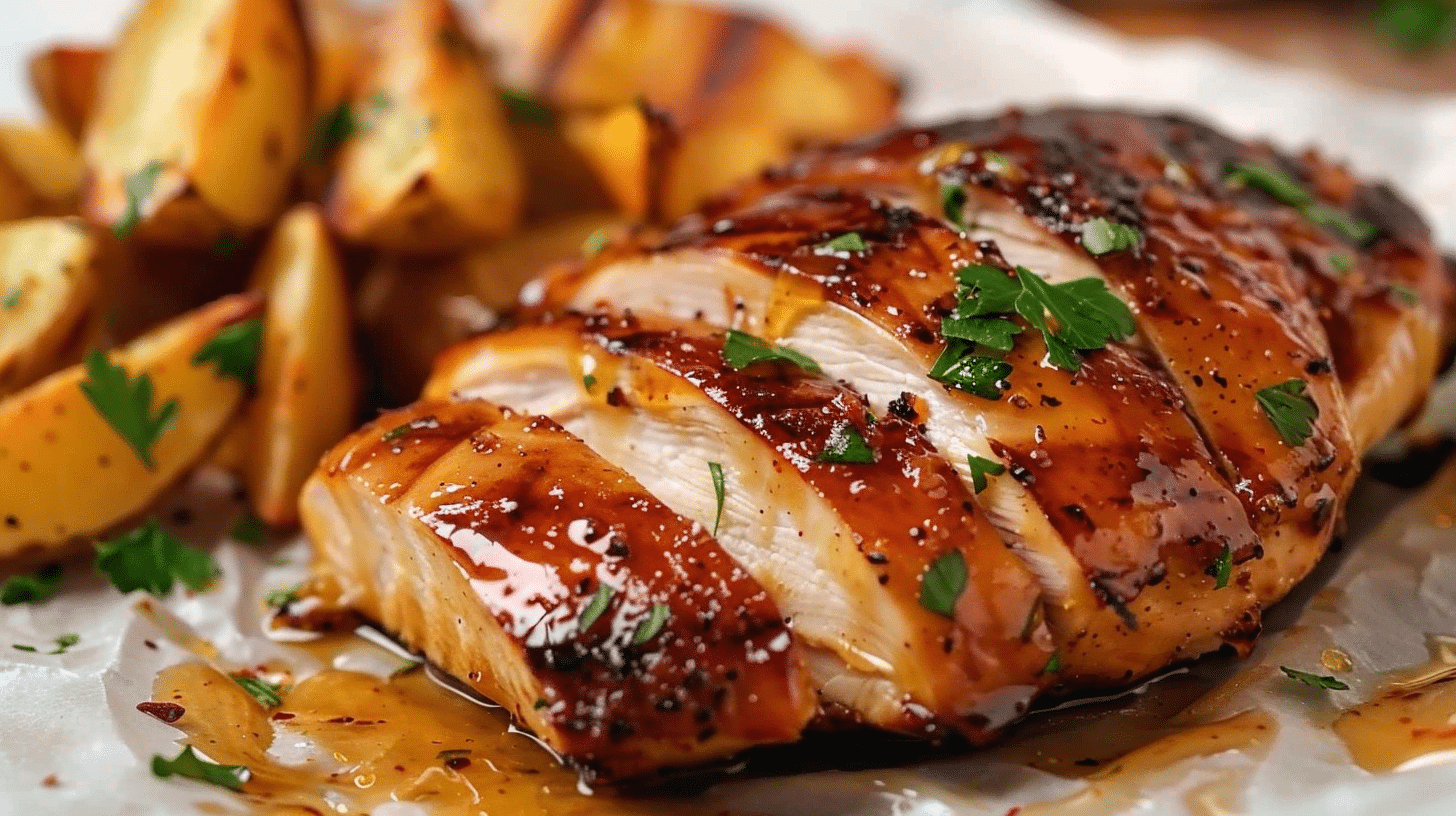 Balsamic Glazed Air Fryer Chicken served with roasted potatoes