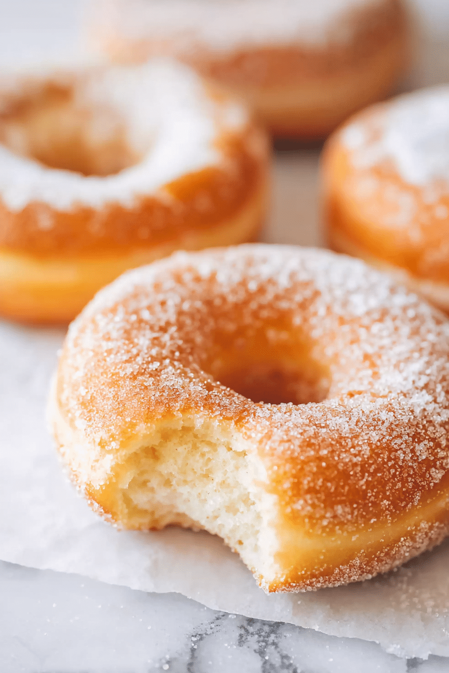 Sugar-dusted air fryer donut with a bite taken out, showing fluffy interior on parchment