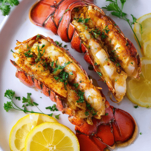 Broiled lobster tails with fresh parsley and lemon slices on a white plate