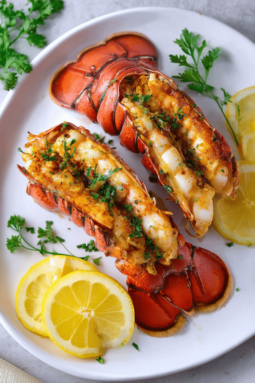 Broiled lobster tails with fresh parsley and lemon slices on a white plate