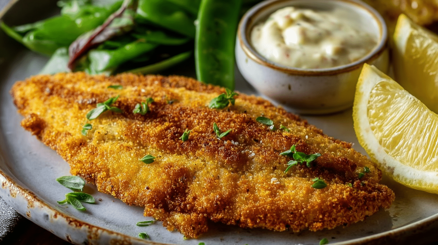 Cajun air fryer catfish fillet with crispy golden crust served with lemon wedges and dipping sauce