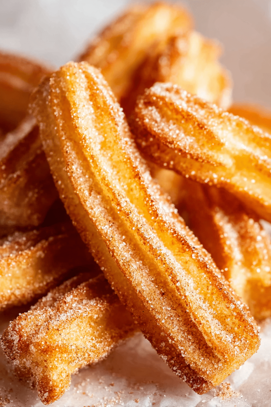 Close-up of crispy air fryer churros with visible cinnamon sugar coating and golden texture.