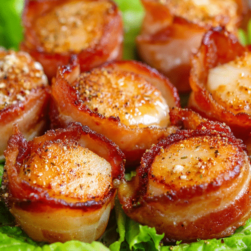Air fryer bacon-wrapped scallops with crispy bacon edges served on lettuce