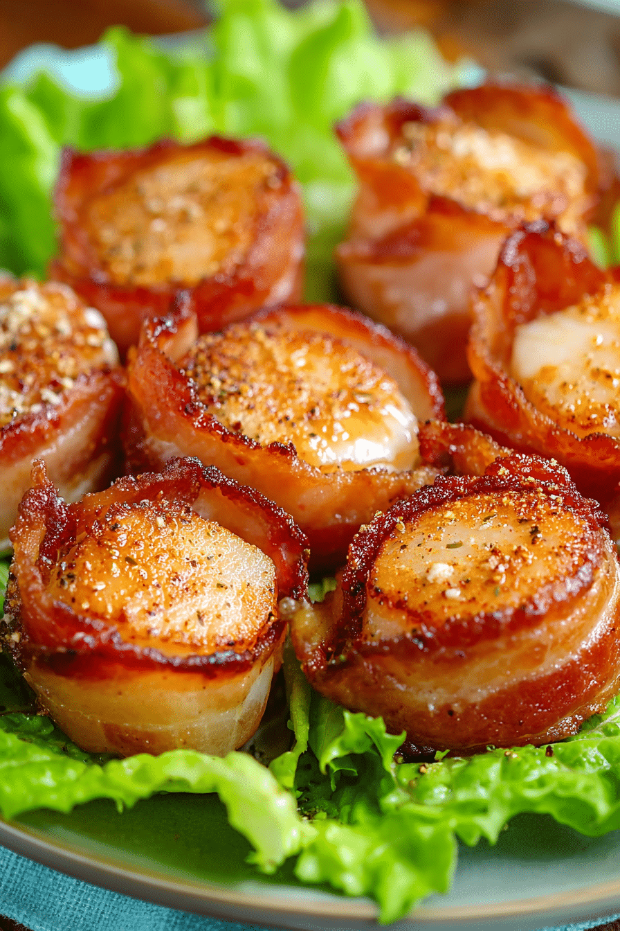 Air fryer bacon-wrapped scallops with crispy bacon edges served on lettuce
