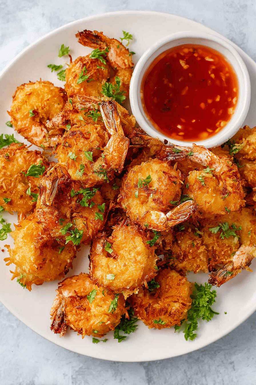Golden and crispy air fryer coconut shrimp served with sweet chili dipping sauce and parsley garnish