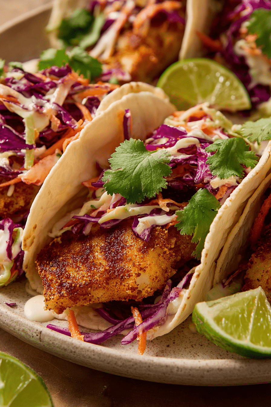 Crispy air fryer fish tacos with spiced golden fish, slaw, creamy drizzle, and cilantro on tortillas