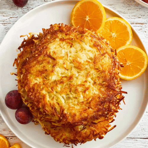Stacked crispy golden air fryer hash browns with fruit on the side