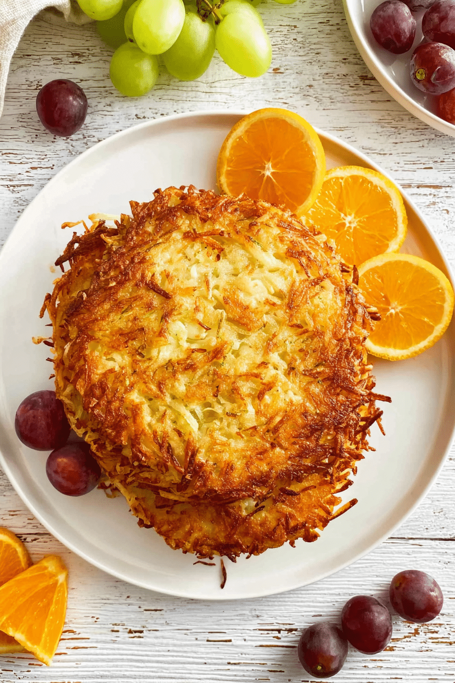 Stacked crispy golden air fryer hash browns with fruit on the side