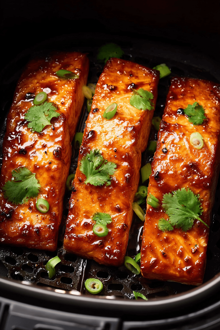 Crispy glazed air fryer salmon fillets topped with cilantro and green onions