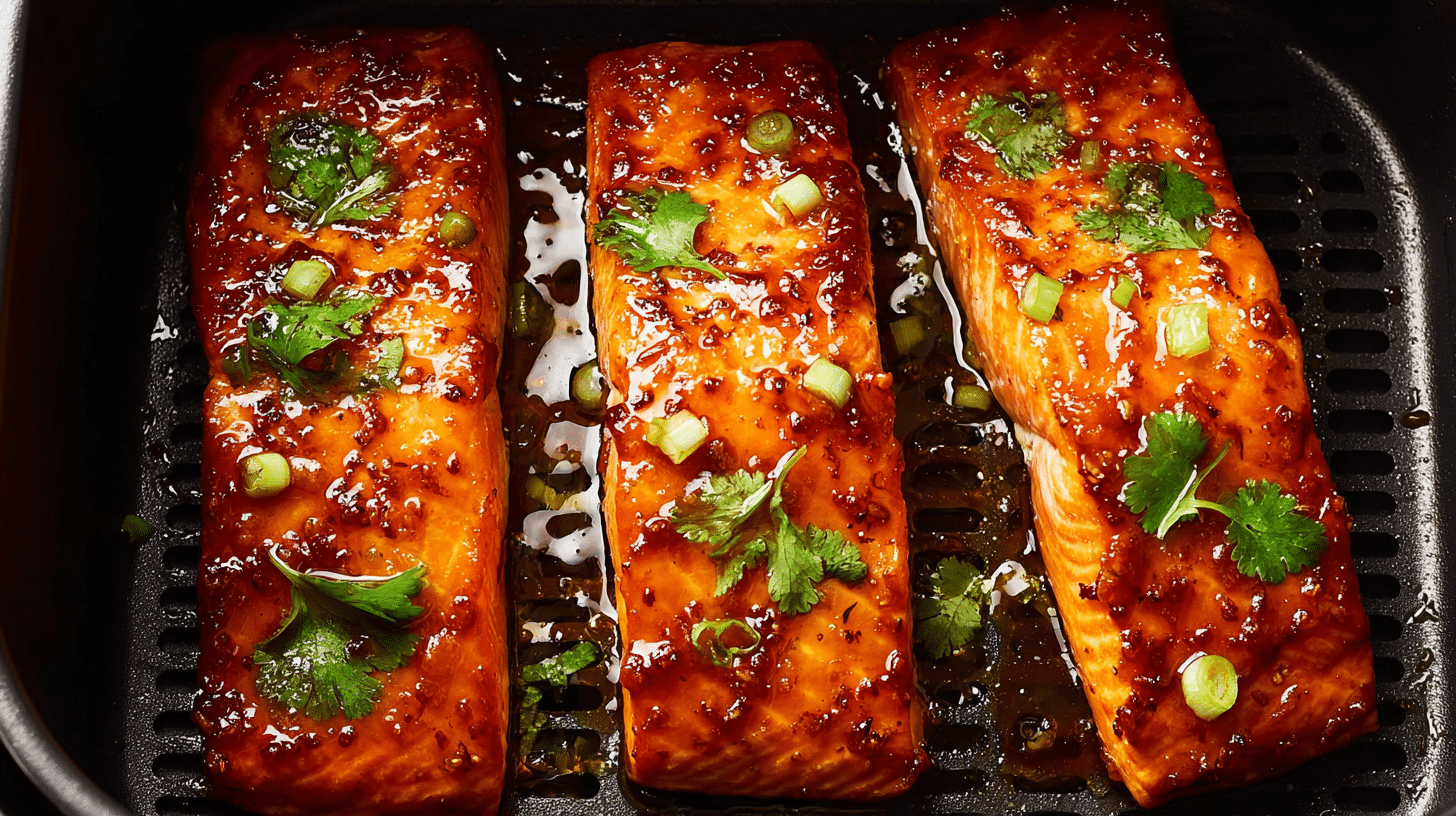Crispy air fryer salmon fillets glazed with sauce and garnished with cilantro and green onions
