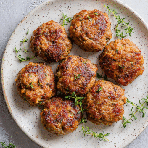 Crispy air fryer sausage patties with golden sear and fresh thyme on a ceramic plate