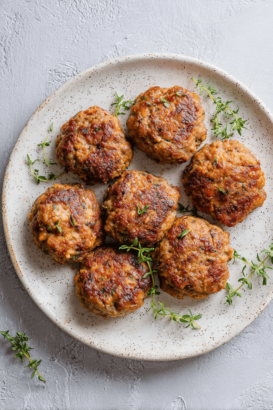 Crispy air fryer sausage patties with golden sear and fresh thyme on a ceramic plate