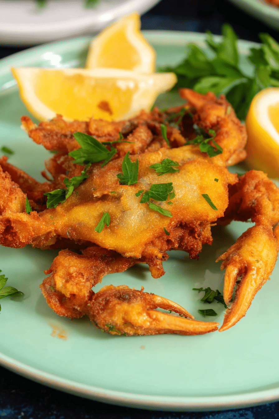 Golden crispy air fryer soft shell crab garnished with parsley and served with lemon wedges
