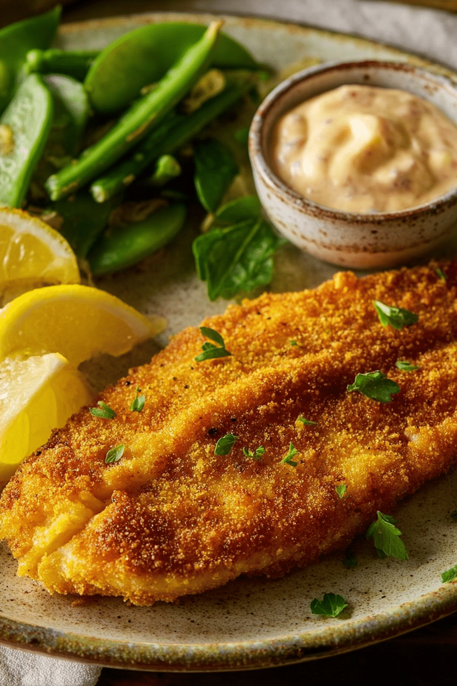 Golden Cajun air fryer catfish fillet with crispy cornmeal crust, lemon wedges, sauce, and green vegetables