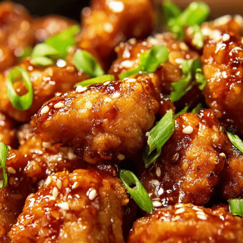 Close-up of crispy General Tso's Air Fryer Chicken with sesame seeds and scallions