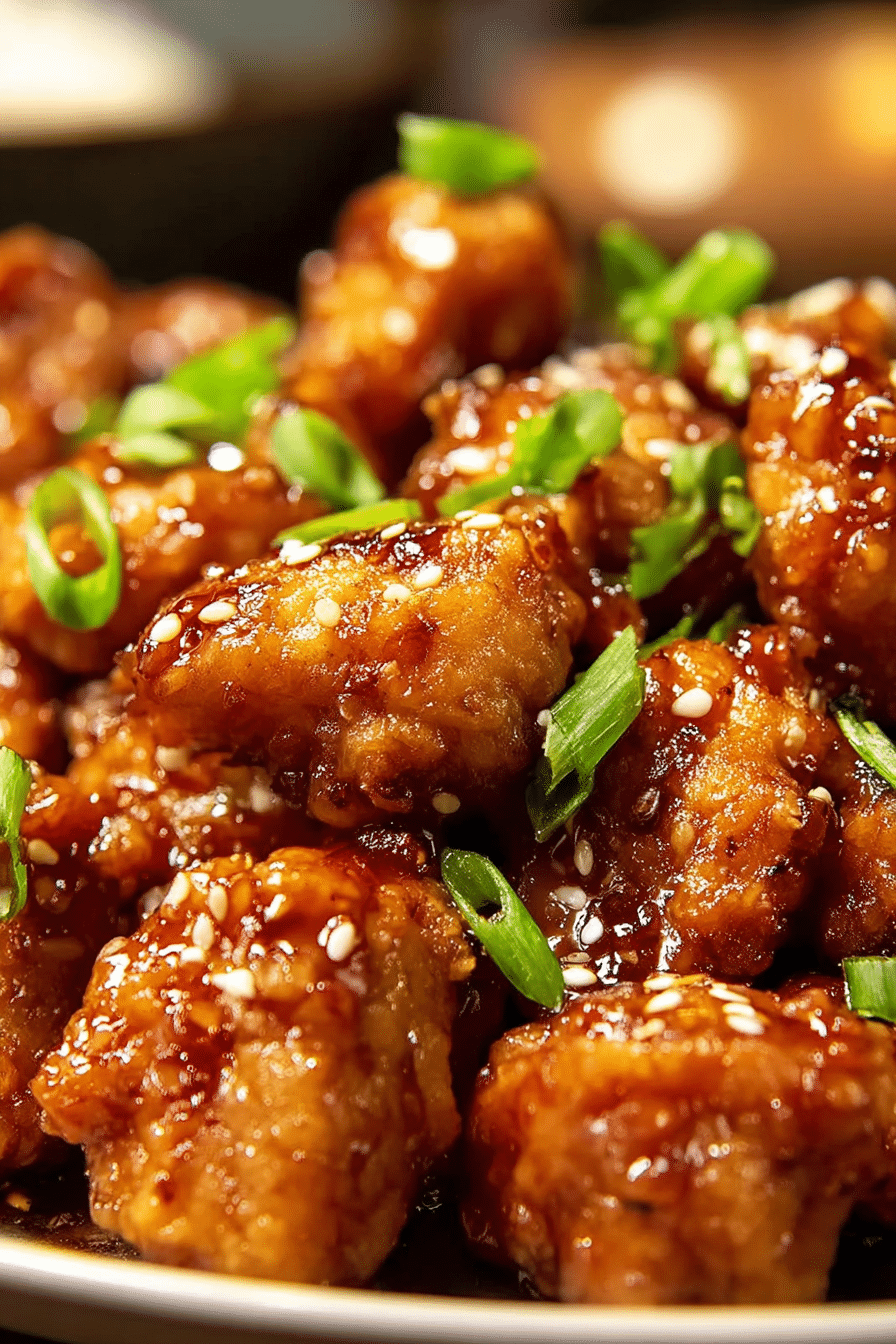 Close-up of crispy General Tso's Air Fryer Chicken with sesame seeds and scallions