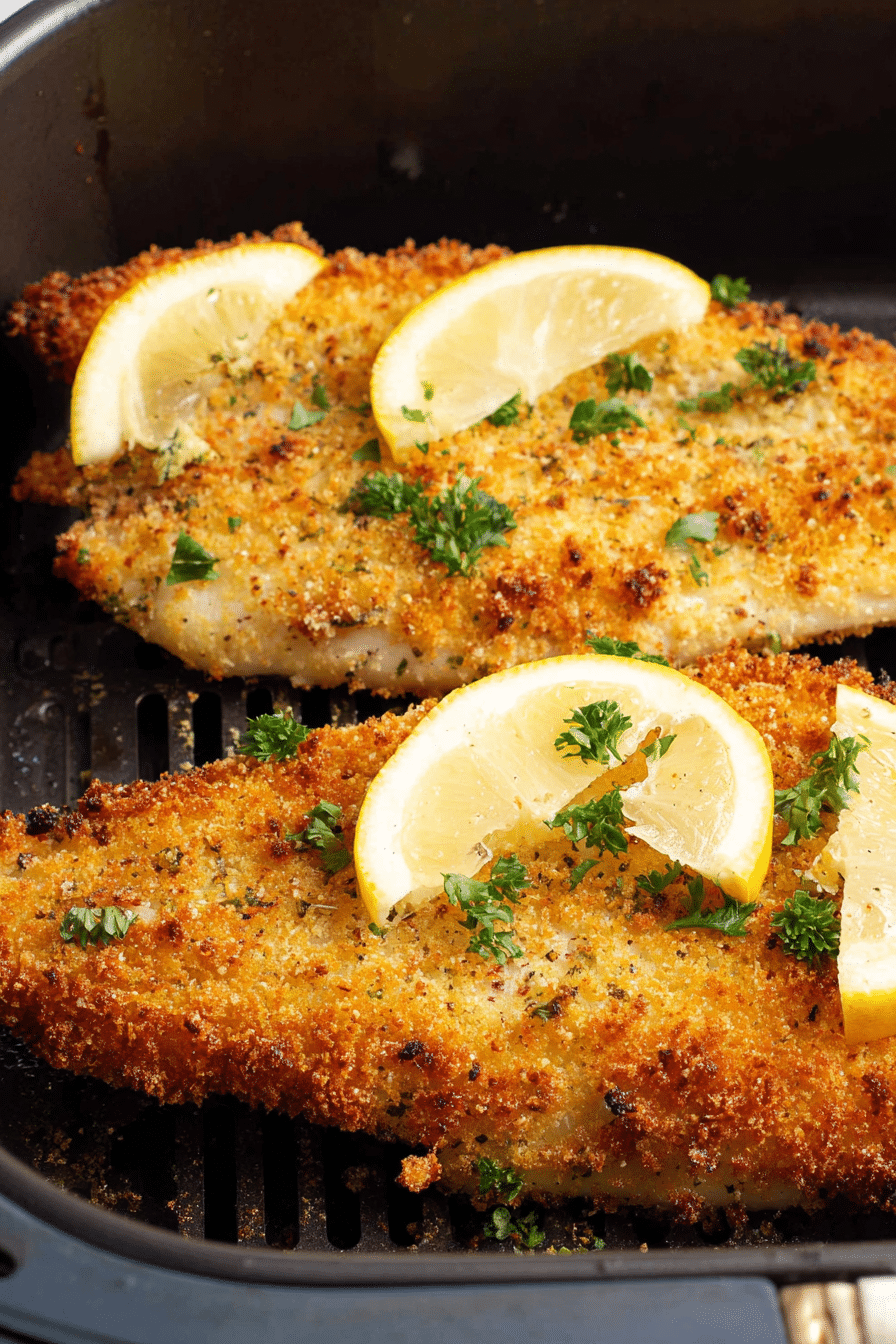 Golden crispy panko-crusted tilapia fillets cooked in air fryer with lemon wedges and parsley garnish