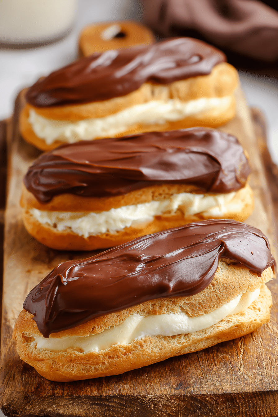 Air fryer mini éclairs with creamy vanilla filling and chocolate glaze on wooden board
