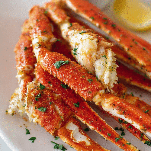 Air fryer crab legs sprinkled with herbs served with garlic butter and lemon