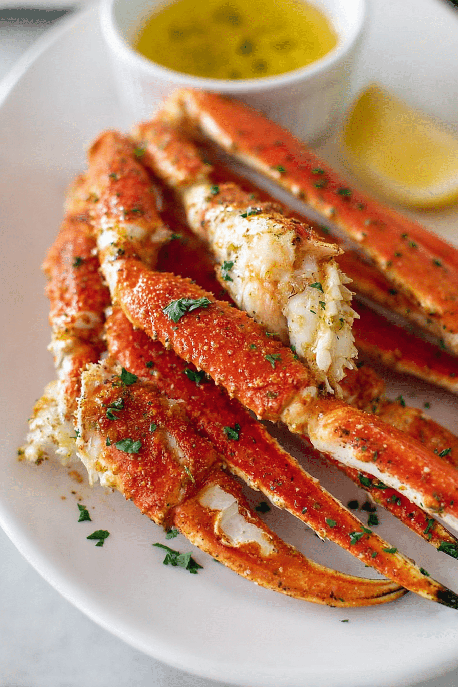 Air fryer crab legs sprinkled with herbs served with garlic butter and lemon
