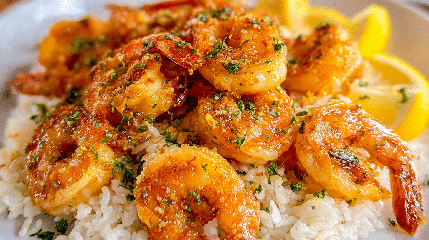 Garlic butter air fryer shrimp served on white rice with lemon wedges