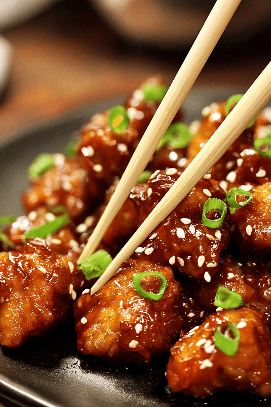 General Tso’s Air Fryer Chicken picked up with chopsticks, garnished with sesame seeds and green onions
