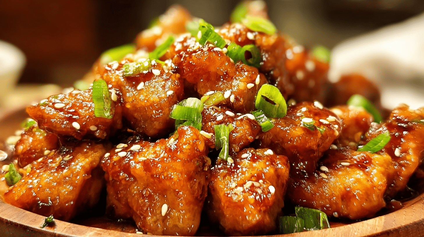 General Tso's Air Fryer Chicken with sesame seeds and green onions on a wooden plate