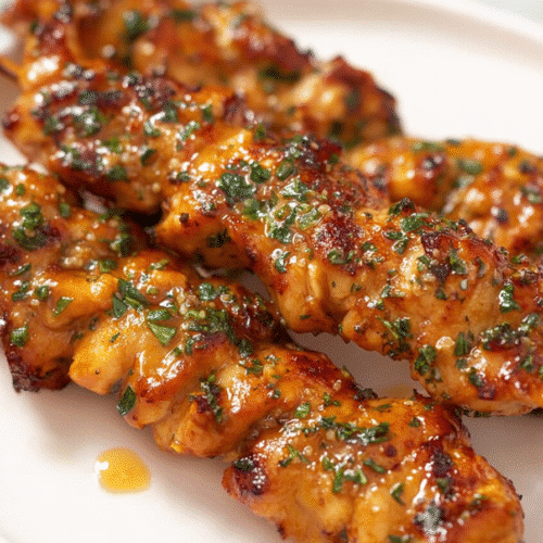 Glazed air fryer chicken skewers with herbs and honey sauce on a white plate