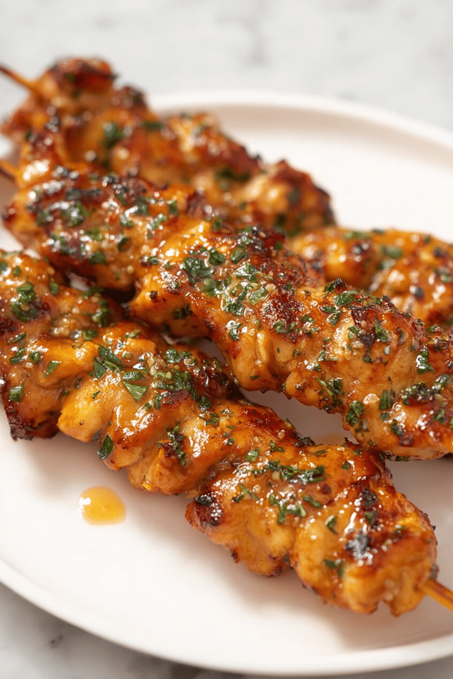 Glazed air fryer chicken skewers with herbs and honey sauce on a white plate