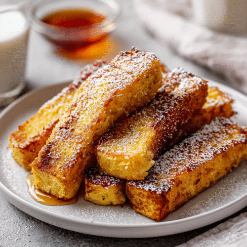 Golden crispy air fryer French toast sticks stacked with powdered sugar and maple syrup