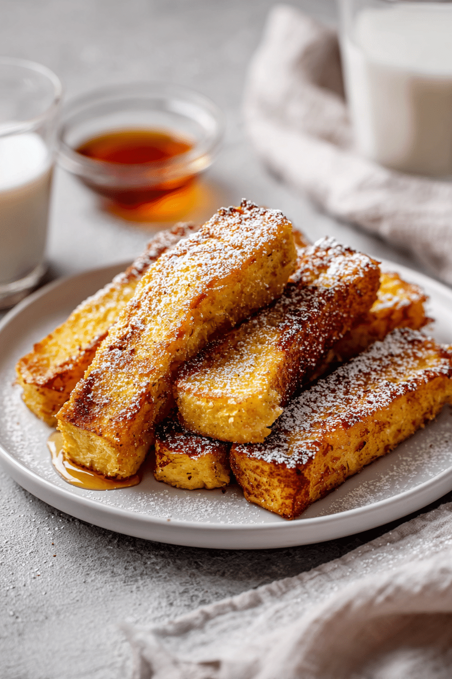 Golden crispy air fryer French toast sticks stacked with powdered sugar and maple syrup