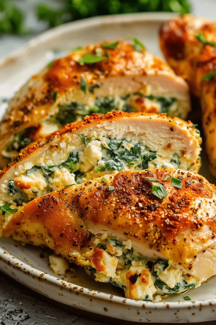 Close-up of juicy air fryer stuffed chicken breast with creamy spinach and cheese filling
