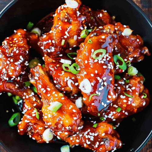 Overhead view of Korean Air Fryer Chicken Thighs with gochujang glaze, garnished with sesame seeds and scallions