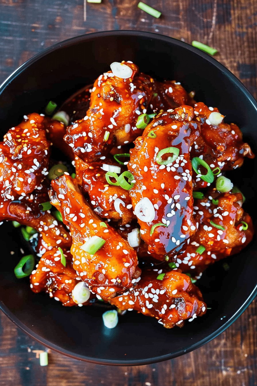 Overhead view of Korean Air Fryer Chicken Thighs with gochujang glaze, garnished with sesame seeds and scallions