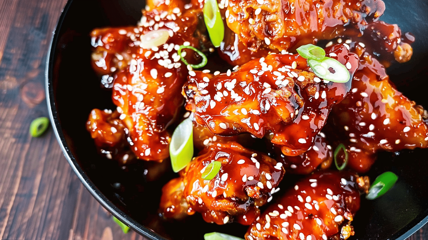 Korean Air Fryer Chicken thighs with gochujang glaze, sesame seeds, and green onions