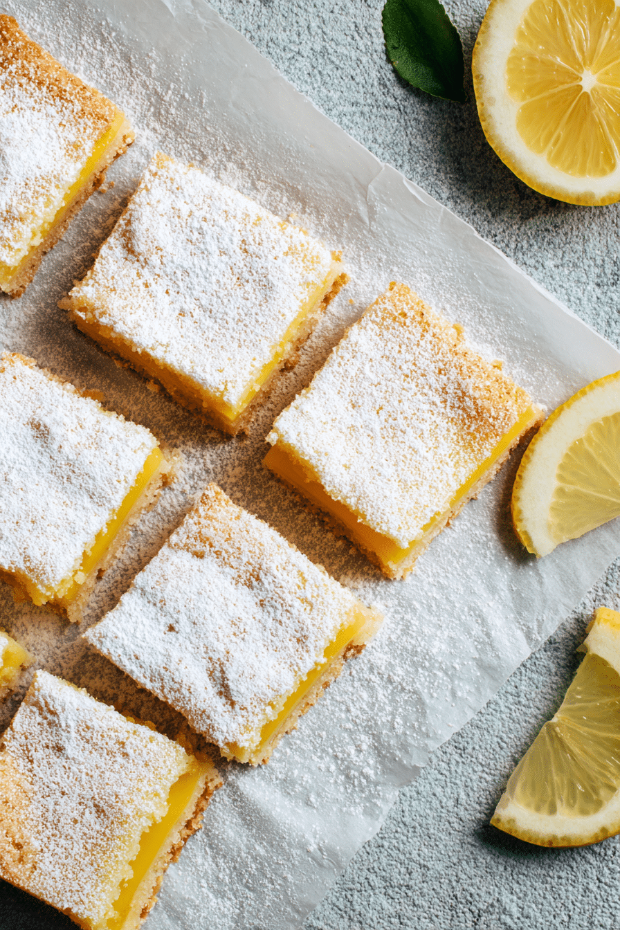 Lemon bars with powdered sugar and lemon slices