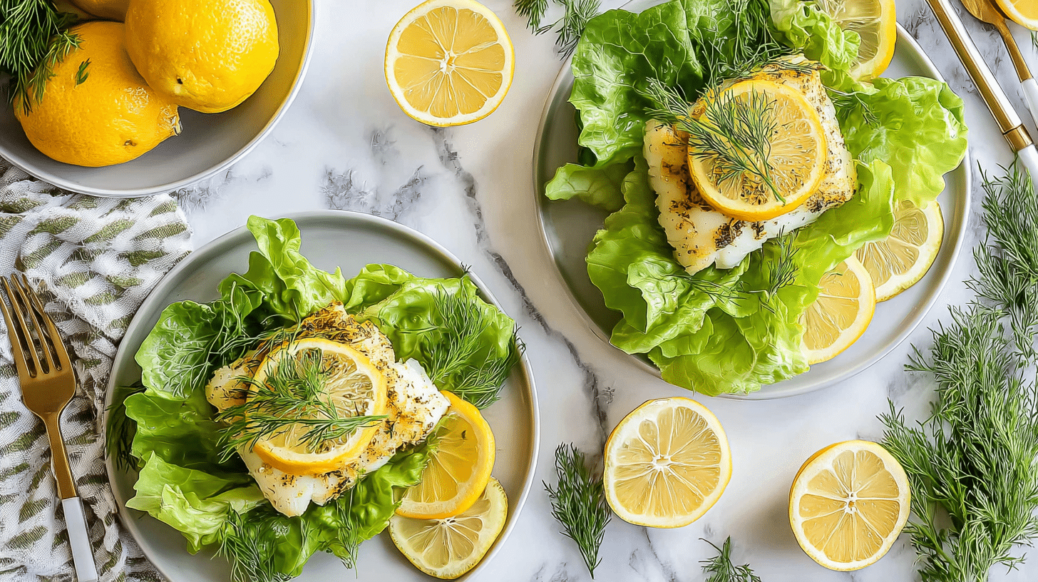 Lemon dill air fryer cod fillet on fresh lettuce with lemon slices and dill garnish
