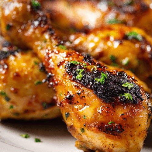 Close-Up of Orange Glazed Air Fryer Chicken with Crispy Charred Skin