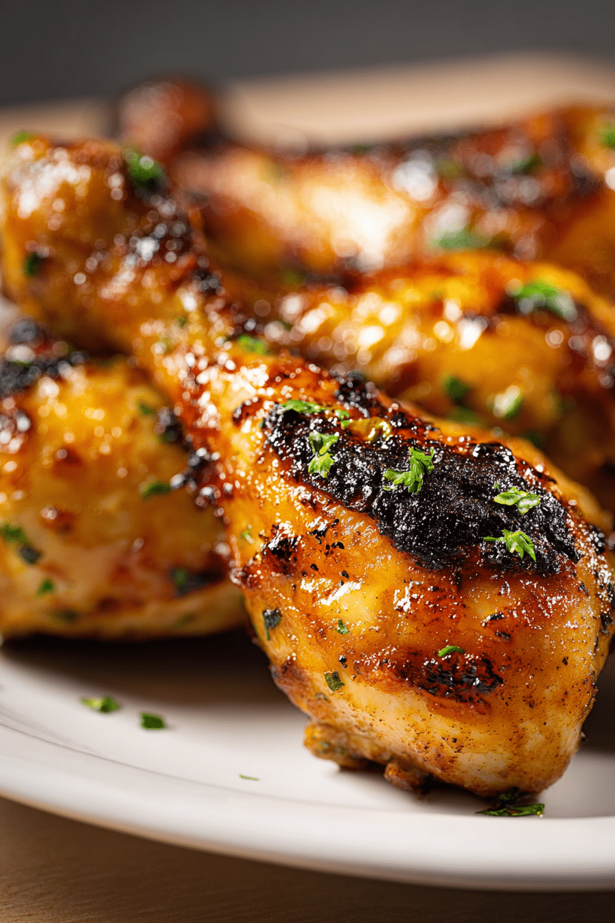 Close-Up of Orange Glazed Air Fryer Chicken with Crispy Charred Skin