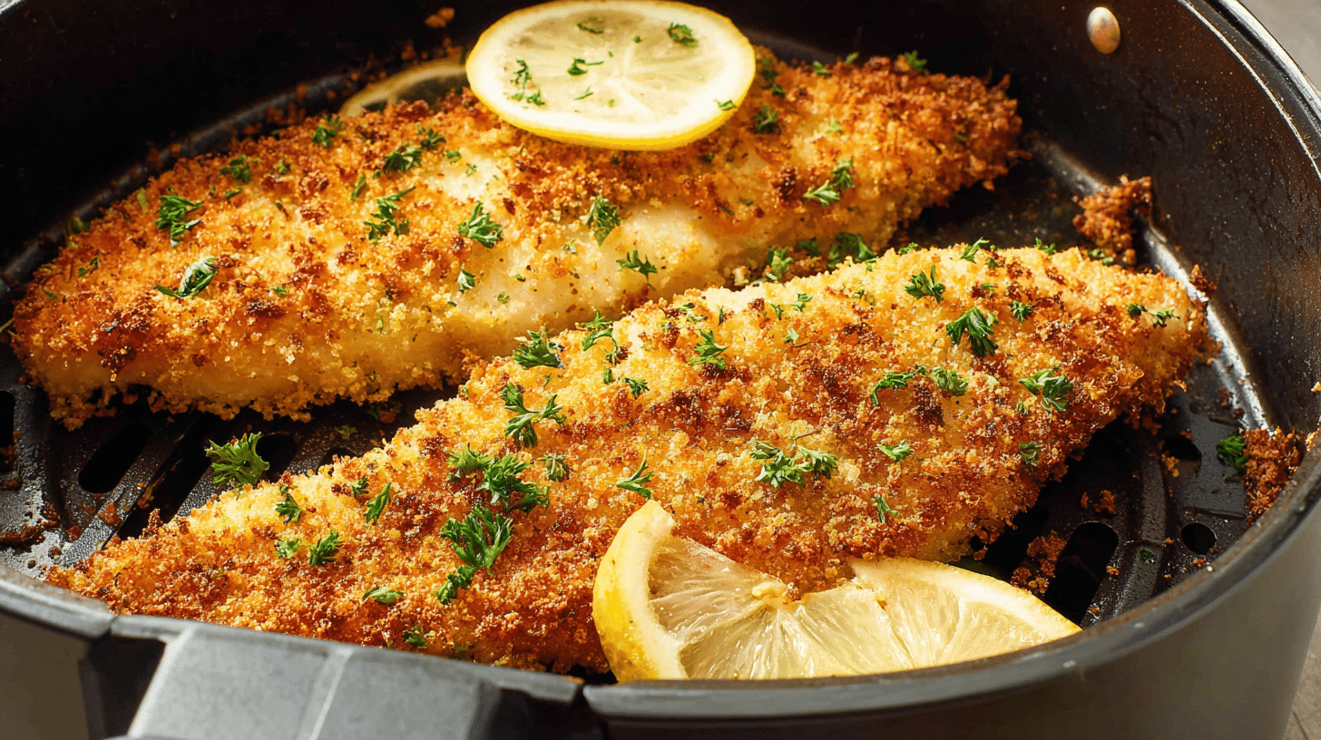 panko-crusted air fryer tilapia fillet with crispy coating and lemon garnish inside air fryer basket