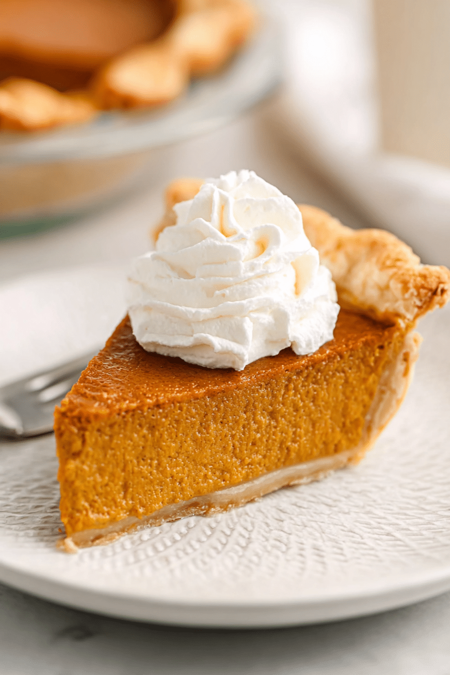 Slice of pumpkin pie with golden crust and whipped cream