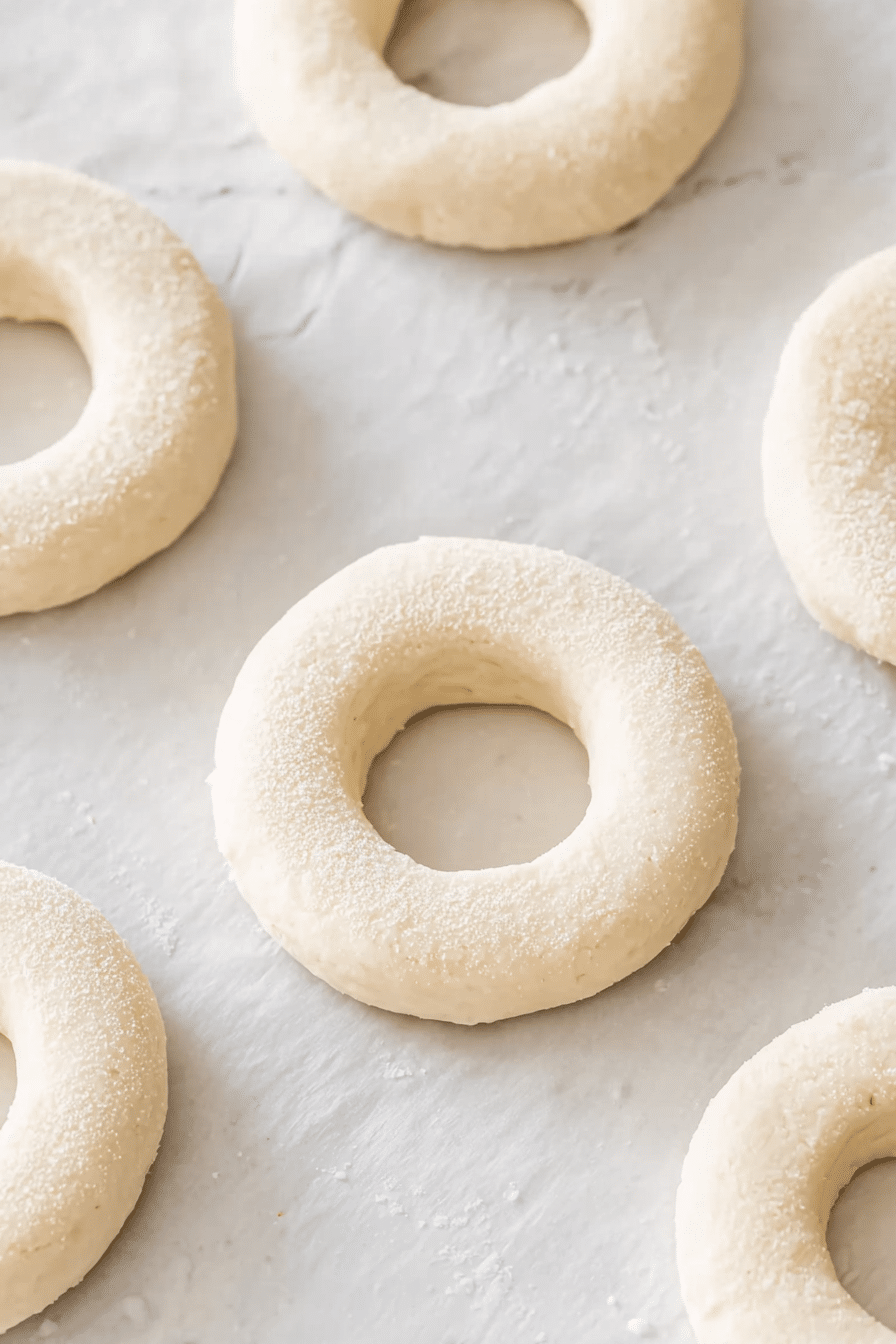 Close-up of uncooked air fryer donut dough rings resting on floured parchment paper