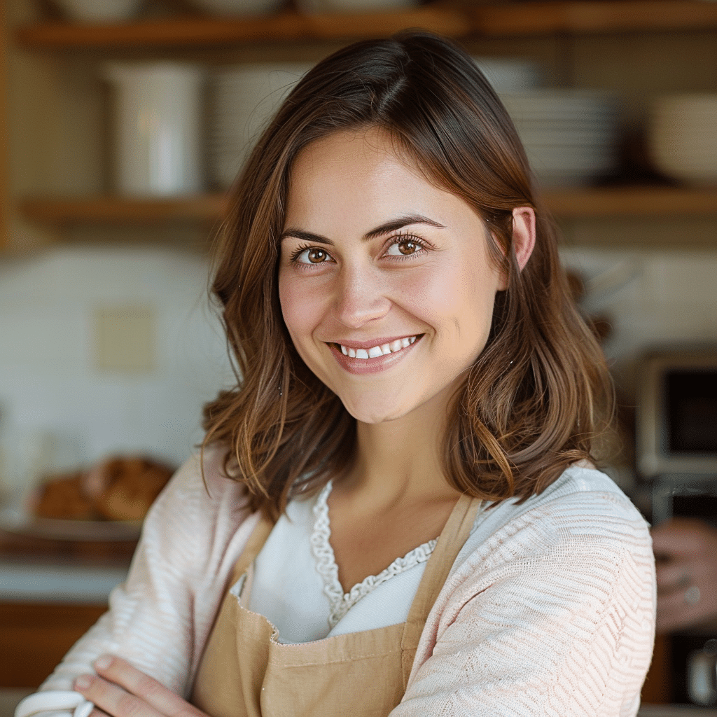 sarah mitchell smiling in cozy kitchen
