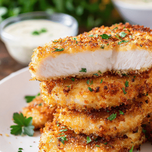 Juicy ranch-seasoned air fryer chicken breast sliced open on a plate with crispy golden crust and parsley garnish